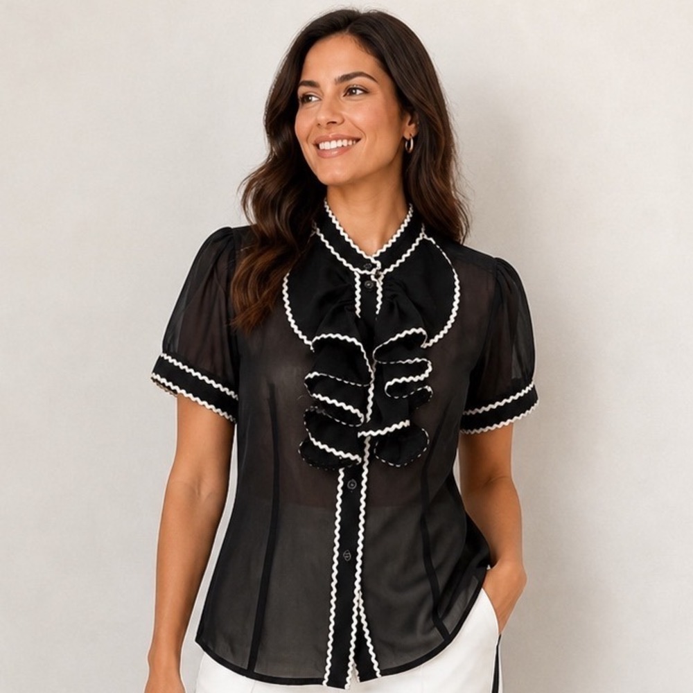 Charlotte Russe Blouse Medium Black White Ric-Rac Ruffle Sheer Goth Victorian